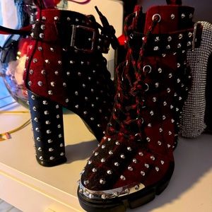 Gianni Bini Red Tartan Plaid silver stud high heel Lace hiking boots shoes